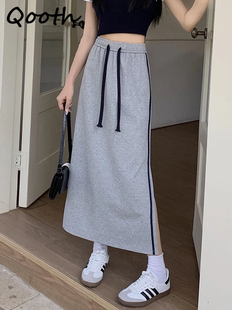Qooth Women Sports style Elastic Waist Cotton A-line Skirt Elegant Split Long Skirt QT2155