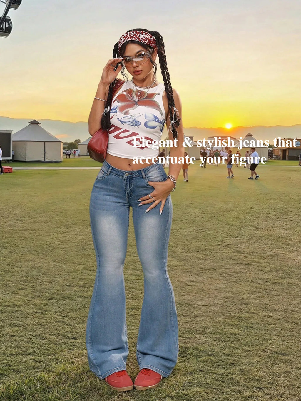 High - Waist Light Blue Flared Denim Jeans for Women - Stylish Pink Back Embroidery