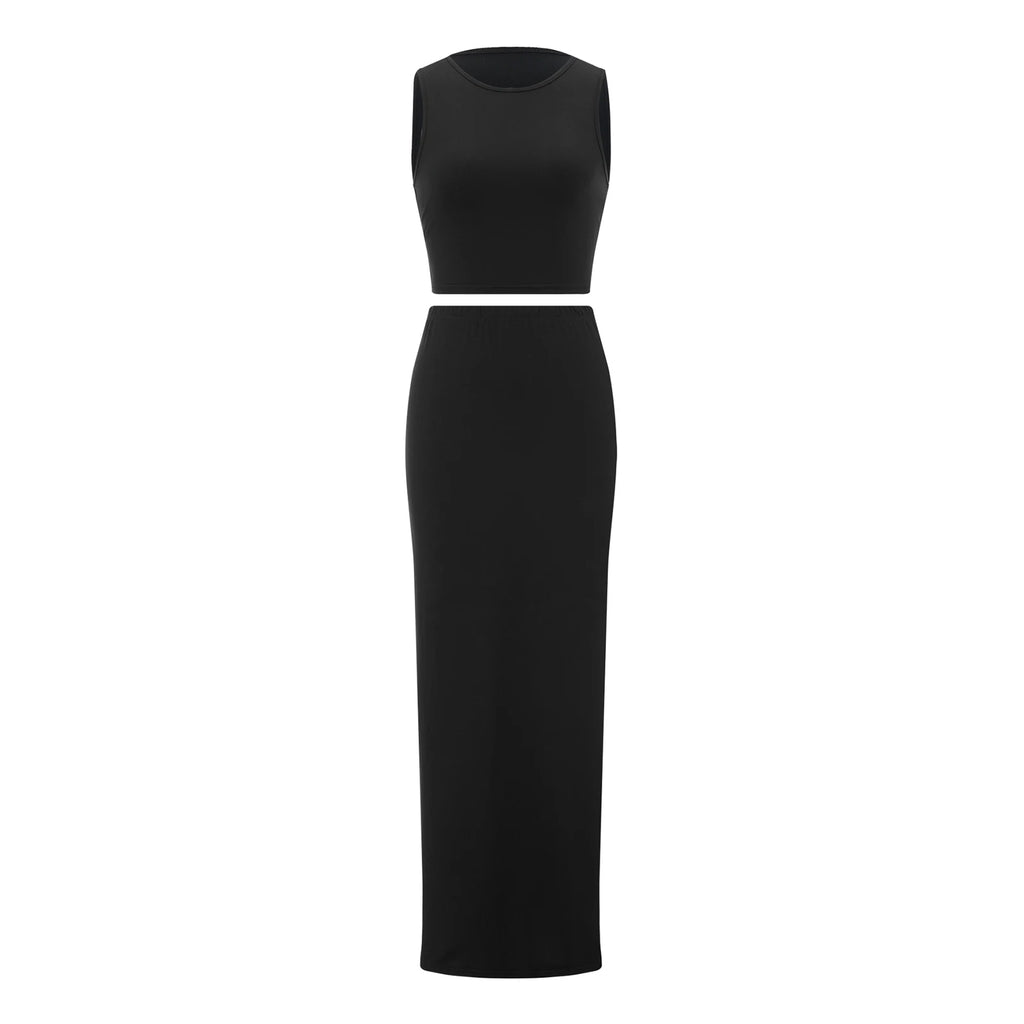 Combhasaki Women's Summer 2Piece Outfits Set Solid Color Crew Neck Sleeveless Crop Tank Tops + Wrapped Hip High Slit Long Skirts