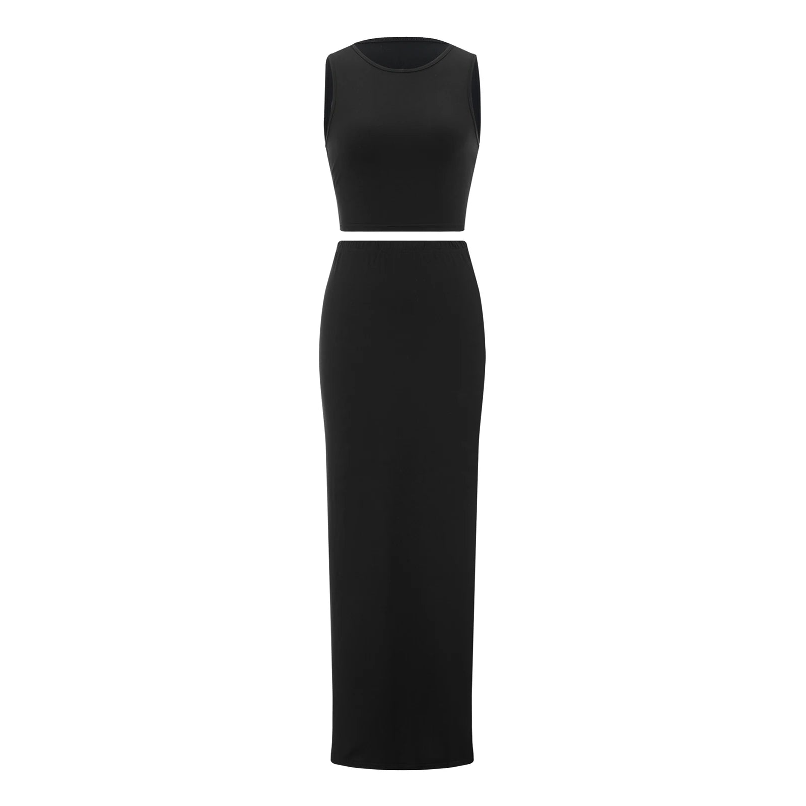 Combhasaki Women's Summer 2Piece Outfits Set Solid Color Crew Neck Sleeveless Crop Tank Tops + Wrapped Hip High Slit Long Skirts