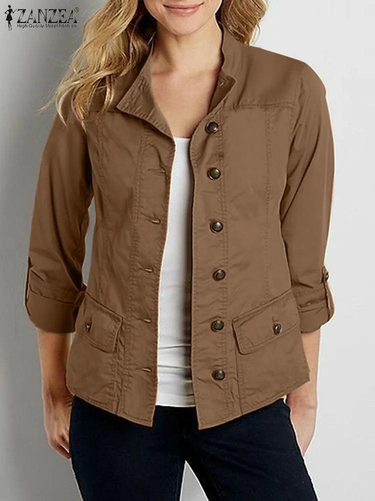 ZANZEA Fashion OL Jackets Woman Long Sleeve Stand Collar Outerwear Autumn Vintage Party Work Wear Female Elegant Button UP Coats