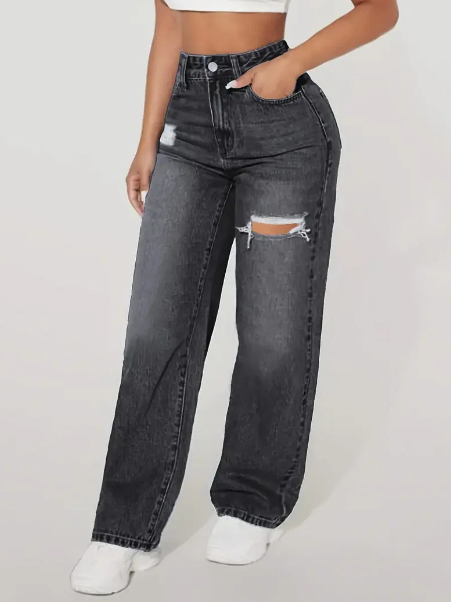 Mom Jeans Women Denim Pant Wide Leg Long Pants Hole High Waist Straight Trousers Y2k Streetwear Work Splice Casual 2025 Punk