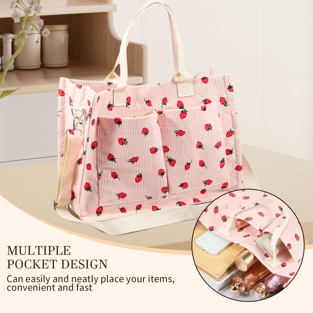 Tote Bag Cute Strawberry Patched Purse for Women Fabric Large Capacity Tote Purse Enduring Tote Bag with Adjustable Shoulder