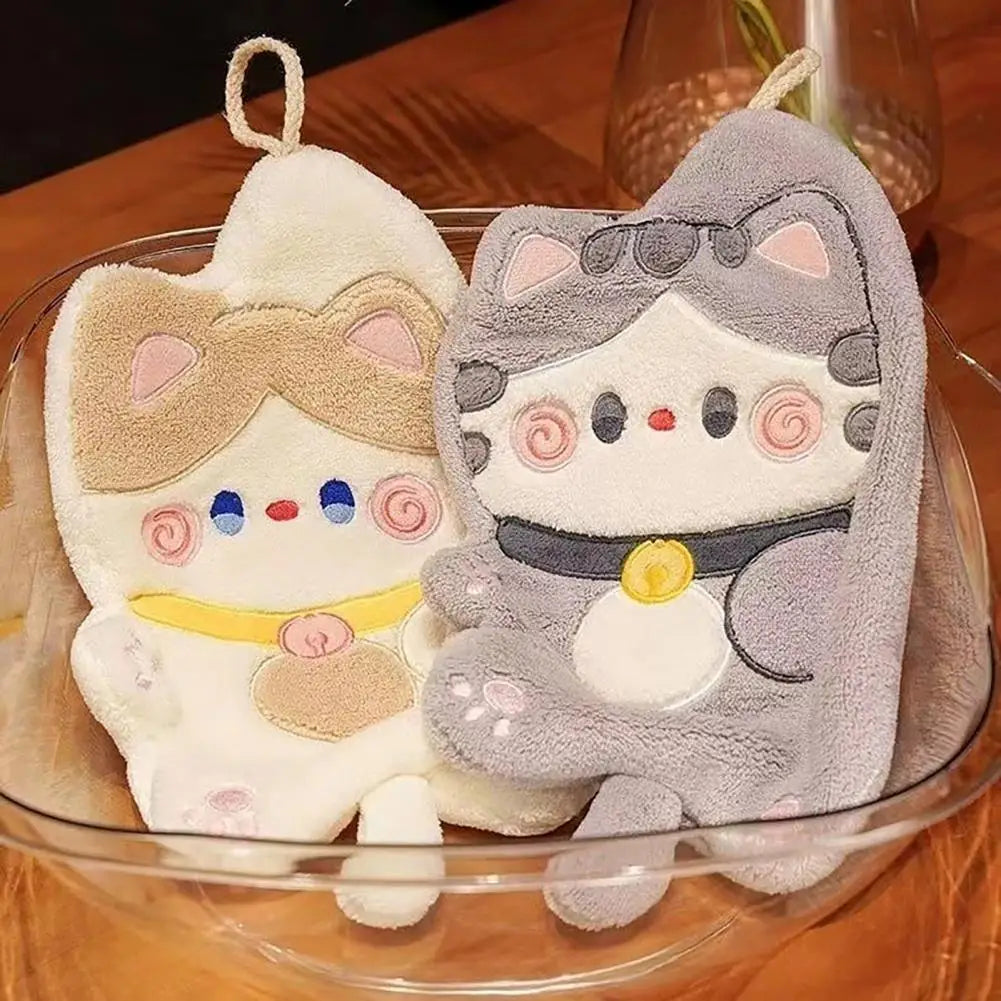 Kitchen Hand Towel Cartoon Cat Shape Highly Water Absorbent Face Washing Towel Coral Fleece Hanging Towel Home Decoration