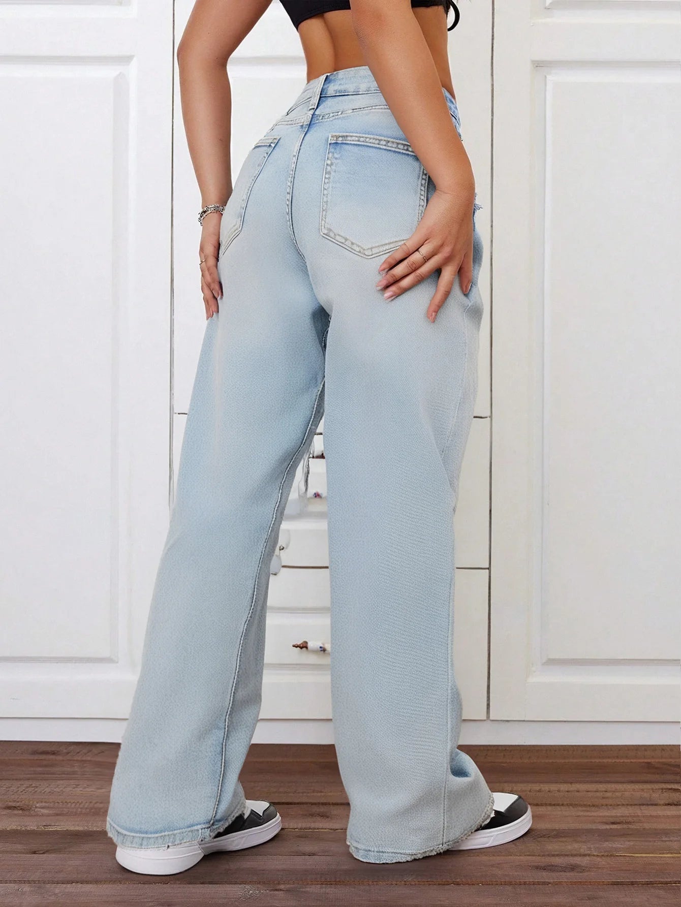 Women's Light Blue Distressed Wide - Leg Jeans - Extreme Ripped Style