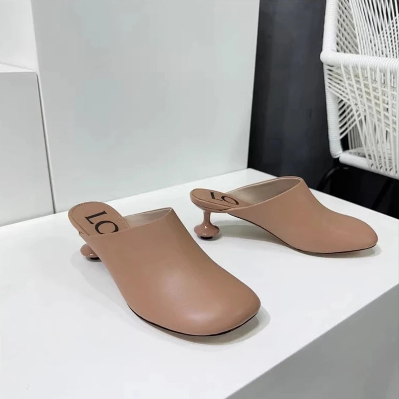 Square Toe Elegant Women Slippers Fad Mid Heels Leather Sandals Mule Shoes Trend Spring Designer Dress Femme Chaussures