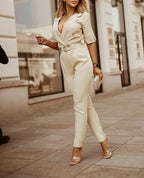 Women Suit Short Sleeve Jumpsuit Slim Fit Fashion Office Lady Spring Summer Elegant Solid Button Sexy High Waist Jumpsuits