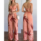 Summer Women Tropical Print Spaghetti Strap Casual Lace up Back Top &High Waist Pants Set 2 Pieces Suit Sets