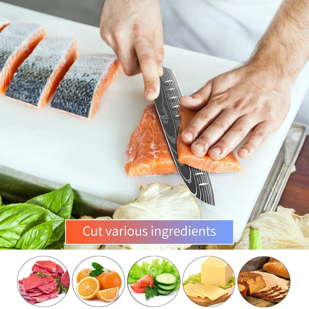 Kitchen Knife Set 15-Piece With Wooden Block,Laser Damascus Pattern Steel Professional Chef's Knife,With Scissor Sharpening Rod