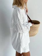 Women Jacquard Puff Sleeves Two Piece Sets for Summer Fashion Loose Shorts and Long Sleeved Shirt Outfits