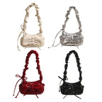 Stylish Casual Pleated Shoulder Bag with Novelty Bowknot PU Leather Handbag Purse for Female