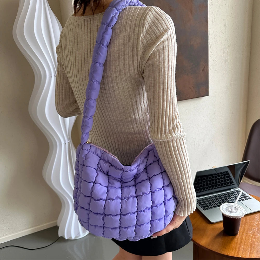 Ladies Quilted Pleated Sling Bag Solid Color Cloud Tote Bag Versatile Quilted Cloud Purse Large Capacity Commuting Bags