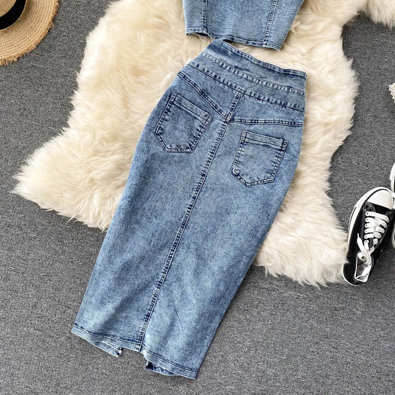 Skirt Sets Women Denim Skirts Two Piece Set Tanks Sleeve Less Slim Fit Vests High Waist Jeans Button Streetwear Summer