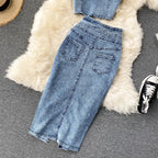 Skirt Sets Women Denim Skirts Two Piece Set Tanks Sleeve Less Slim Fit Vests High Waist Jeans Button Streetwear Summer