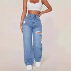 Mom Jeans Women Denim Pant Wide Leg Long Pants Hole High Waist Straight Trousers Y2k Streetwear Work Splice Casual 2025 Punk