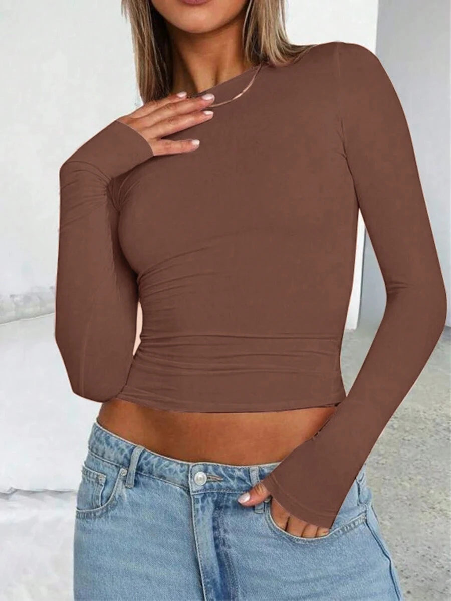 Womens Long Sleeve Shirts Basic Spring Crop Tops Fall Fashion Layering Slim Fitted Y2k Tops