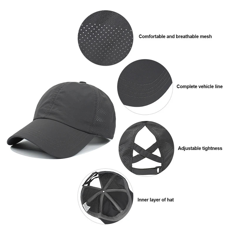 Summer Sun Hat Women Cross Ponytail Baseball Cap Outdoor Sport Hat Breathable Quick-Dry Sun Hat Camping Hiking Running Golf Caps