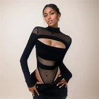 Women's Sexy Hollow Bodysuit Long Sleeved Mesh Tops Solid Fashion Half High Collar Jumpsuit Bottoming Clothes Y2k Club Bodysuits