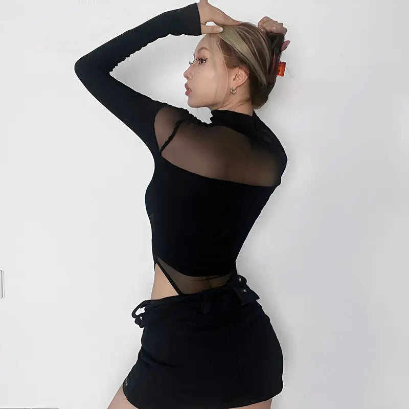 Women's Sexy Hollow Bodysuit Long Sleeved Mesh Tops Solid Fashion Half High Collar Jumpsuit Bottoming Clothes Y2k Club Bodysuits