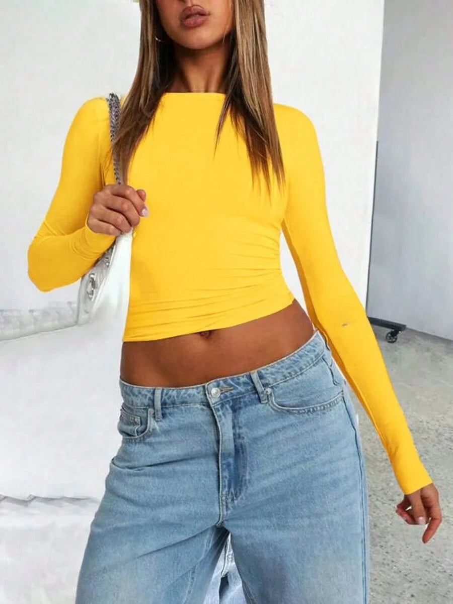 Womens Long Sleeve Shirts Basic Spring Crop Tops Fall Fashion Layering Slim Fitted Y2k Tops