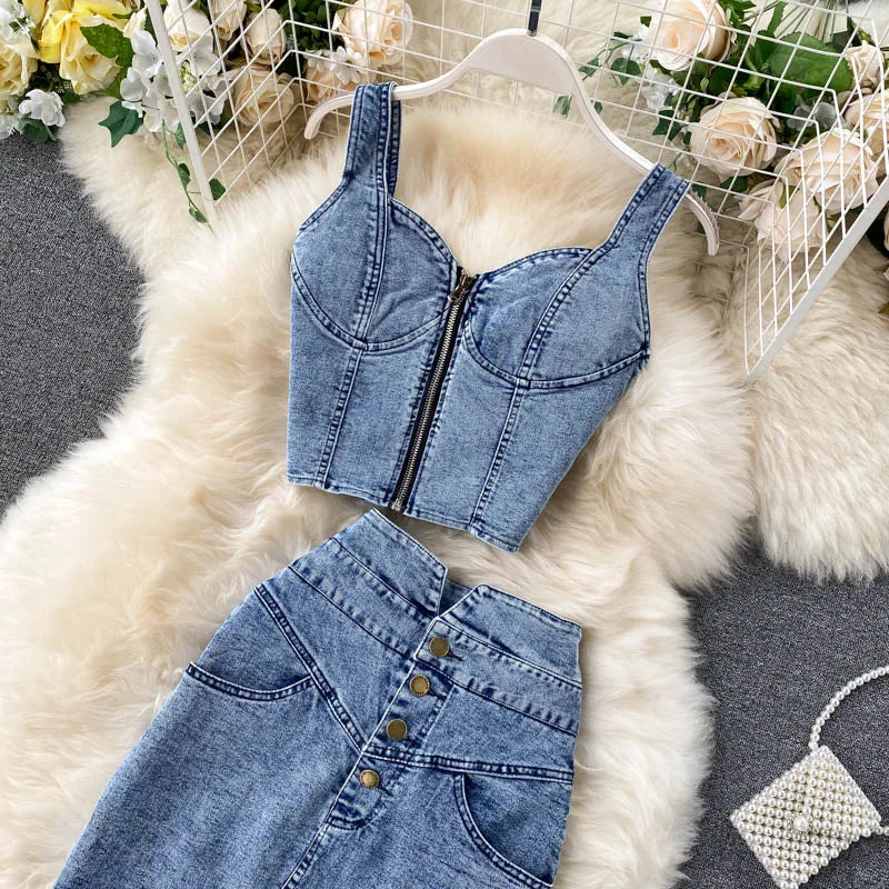 Skirt Sets Women Denim Skirts Two Piece Set Tanks Sleeve Less Slim Fit Vests High Waist Jeans Button Streetwear Summer