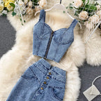 Skirt Sets Women Denim Skirts Two Piece Set Tanks Sleeve Less Slim Fit Vests High Waist Jeans Button Streetwear Summer