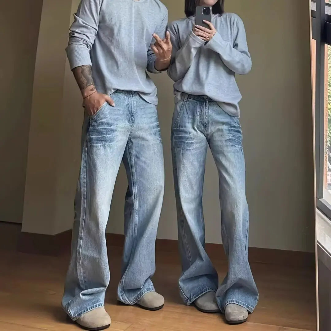 American Vibe style retro washed summer new jeans for men and women Instagram fashion brand high street loose straight leg pants