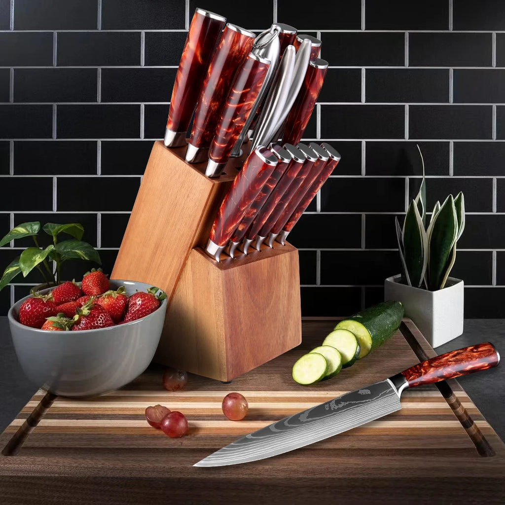 Kitchen Knife Set 15-Piece With Wooden Block,Laser Damascus Pattern Steel Professional Chef's Knife,With Scissor Sharpening Rod