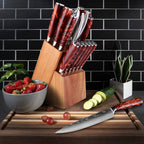 Kitchen Knife Set 15-Piece With Wooden Block,Laser Damascus Pattern Steel Professional Chef's Knife,With Scissor Sharpening Rod
