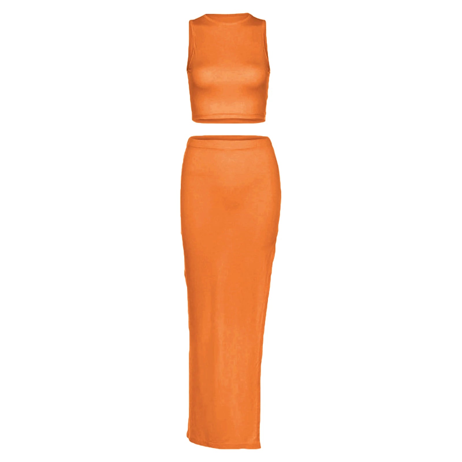 Combhasaki Women's Summer 2Piece Outfits Set Solid Color Crew Neck Sleeveless Crop Tank Tops + Wrapped Hip High Slit Long Skirts