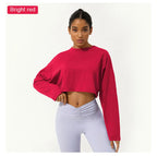 Women Long Sleeve Fitness Crop Top Soft Soild Color Workout T-Shirt Loose Running Yoga Shirt