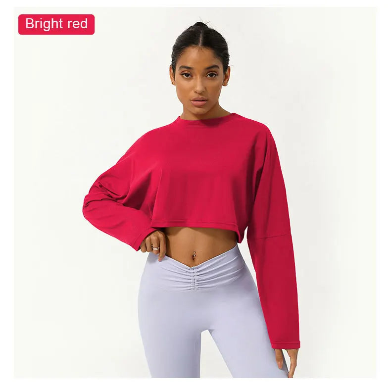 Women Long Sleeve Fitness Crop Top Soft Soild Color Workout T-Shirt Loose Running Yoga Shirt