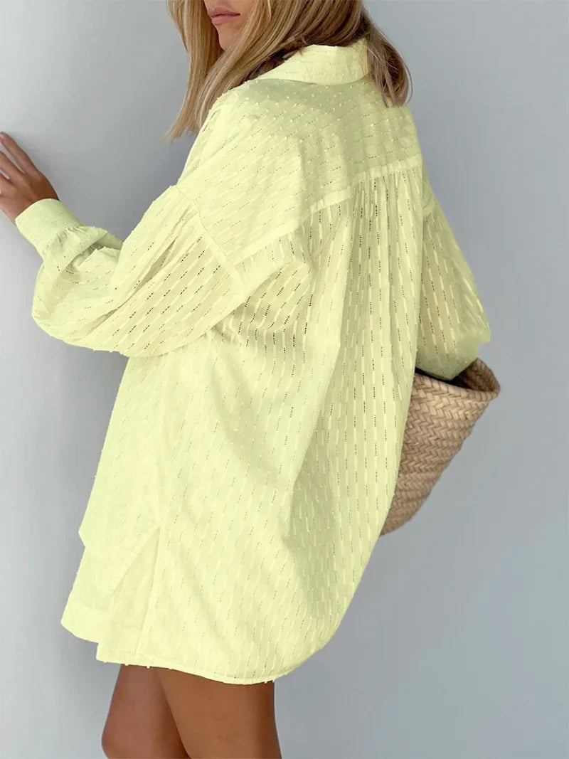 Women Jacquard Puff Sleeves Two Piece Sets for Summer Fashion Loose Shorts and Long Sleeved Shirt Outfits