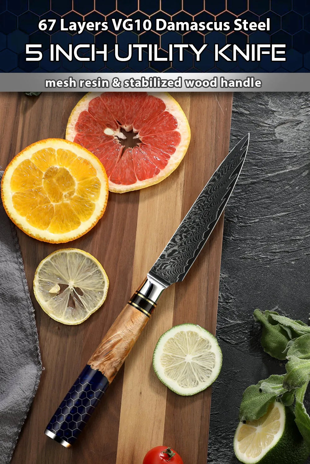 Kitchen Knives-Set Damascus Steel Chef Knife Cleaver Paring Utility Bread Knife Cooking Tool Blue Resin Handle 1-10 Pcs/Set