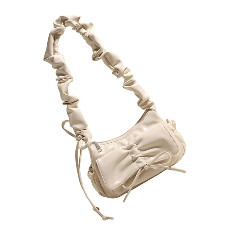 Stylish Casual Pleated Shoulder Bag with Novelty Bowknot PU Leather Handbag Purse for Female