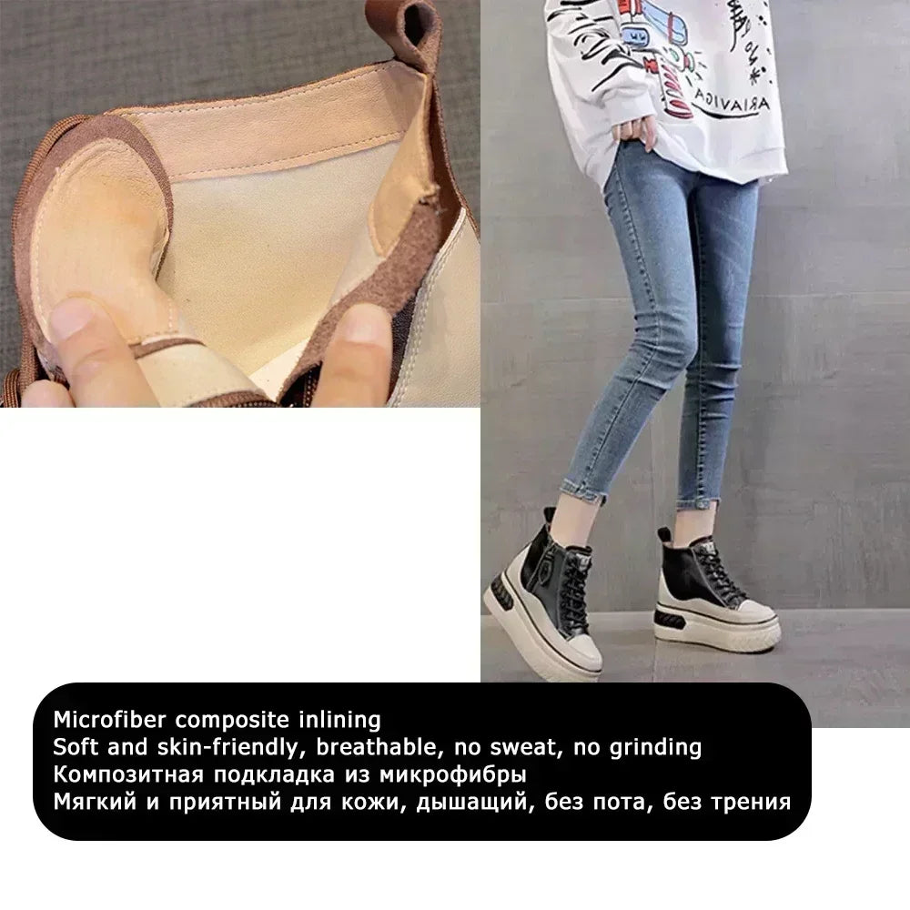 Fujin High Top Women Shoes Genuine Leather 8cm Platform Boots Ankle Wedge Hidden Heel Zip Autumn Warm Fur Winter Shoes Sneakers