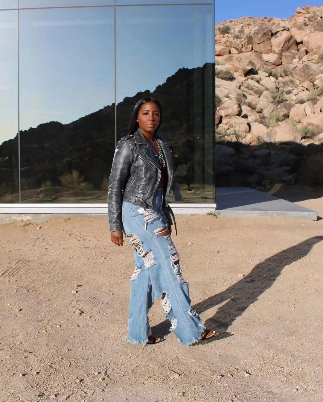 Jeans Women Long Pants Elegant Splice Denim Pant Slim Fit Sexy Hole High Waist Button Pocket Straight Trousers Summer 2024