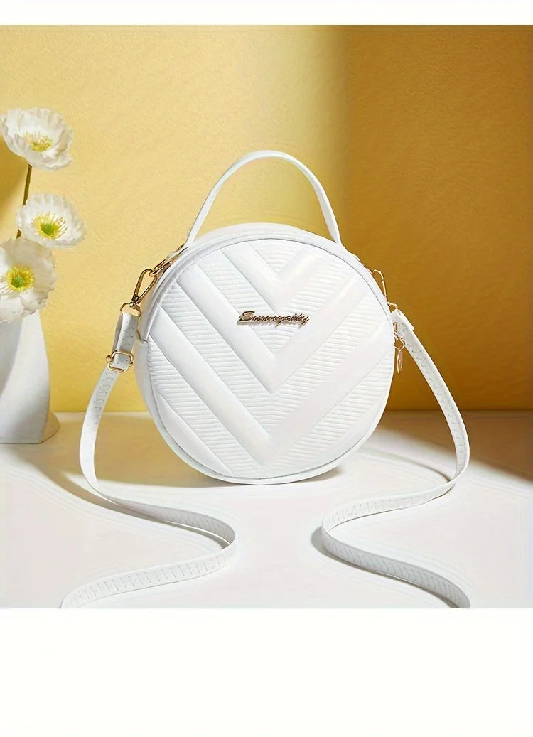 Chic Circle Crossbody Purse for Women - V-Quilted  Detachable Strap  Interior Pockets for Daily Use