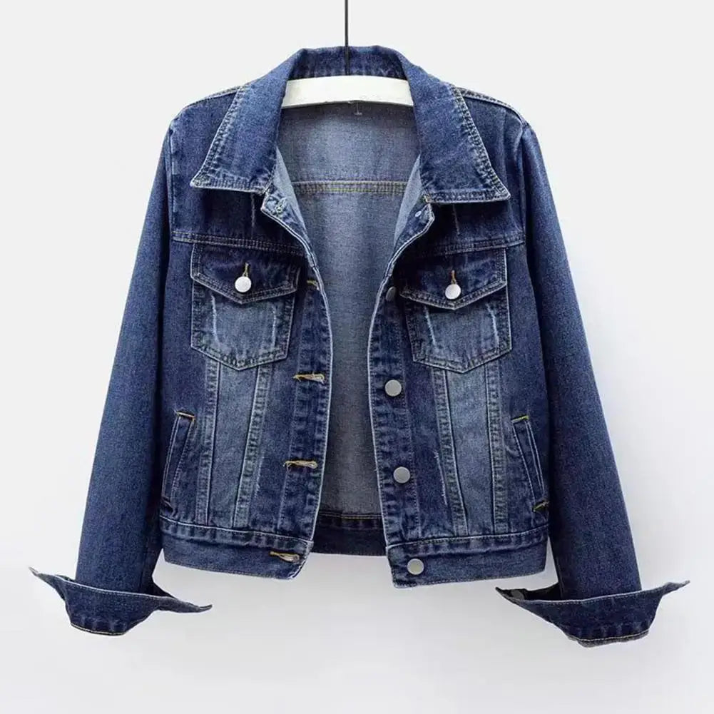 Women Denim Jacket Single-breasted Chest Flap Pocket Jacket Long Sleeve Slim Short Coat Retro Ladies Denim Jackets Outerwear