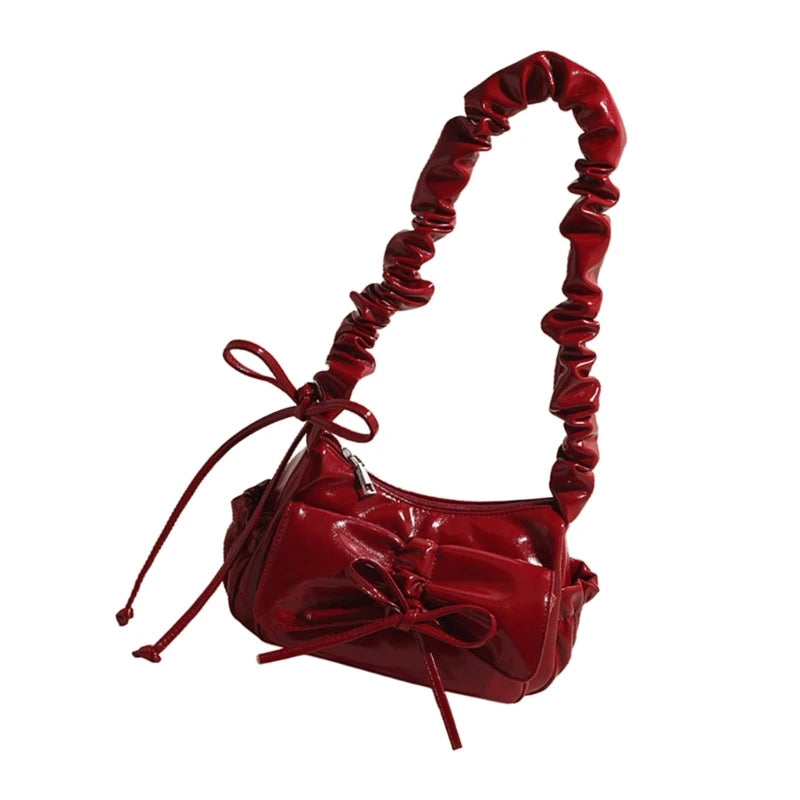 Stylish Casual Pleated Shoulder Bag with Novelty Bowknot PU Leather Handbag Purse for Female