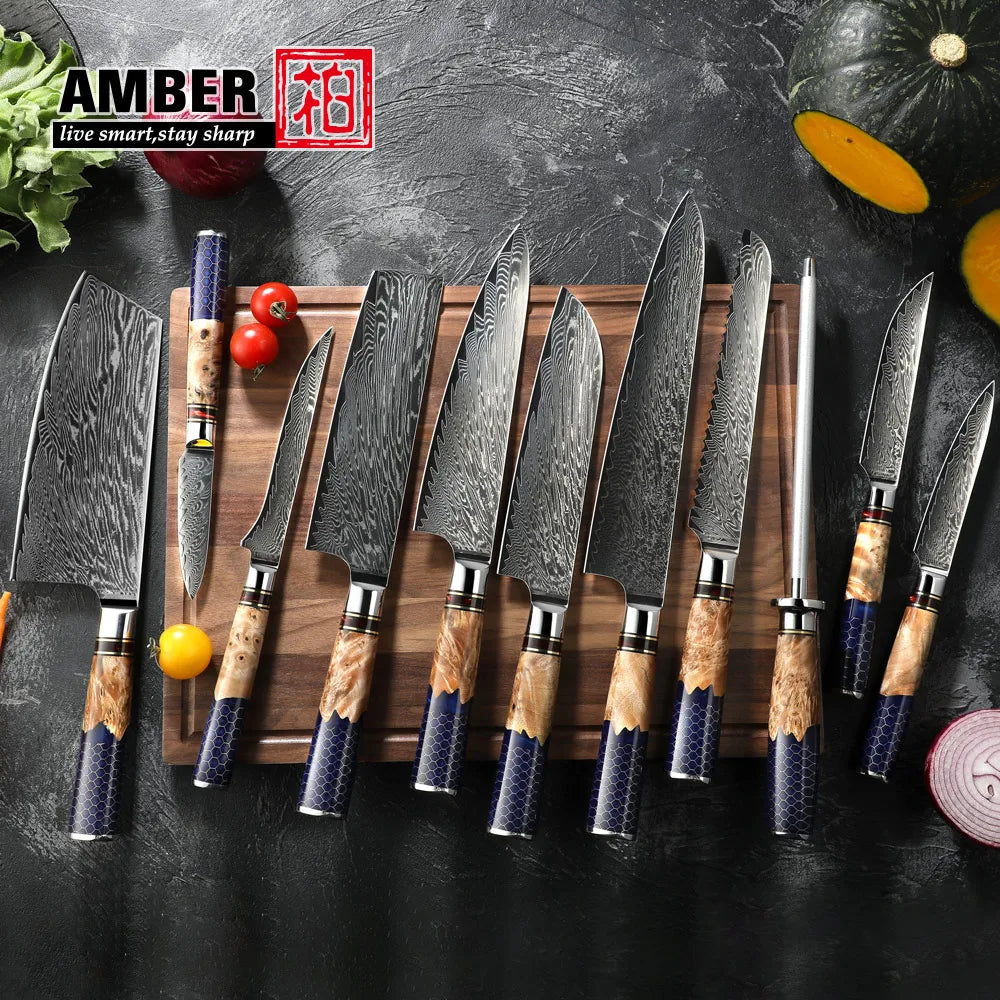 Kitchen Knives-Set Damascus Steel Chef Knife Cleaver Paring Utility Bread Knife Cooking Tool Blue Resin Handle 1-10 Pcs/Set