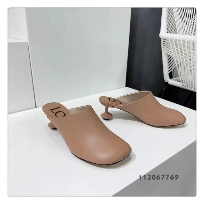 Square Toe Elegant Women Slippers Fad Mid Heels Leather Sandals Mule Shoes Trend Spring Designer Dress Femme Chaussures
