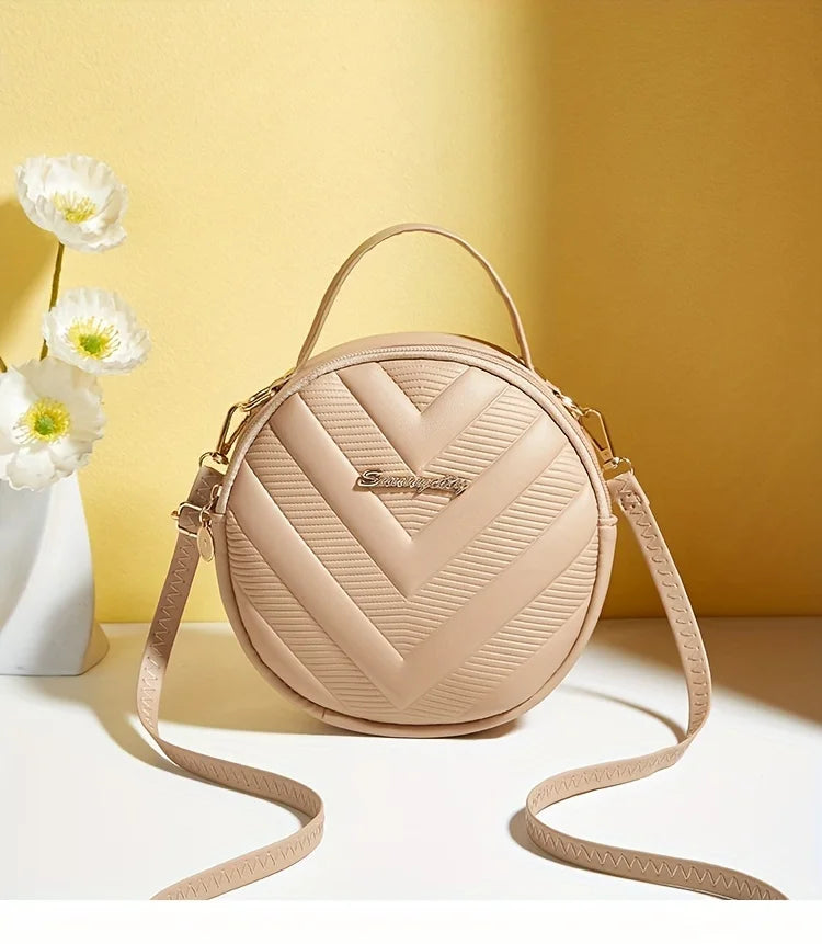 Chic Circle Crossbody Purse for Women - V-Quilted  Detachable Strap  Interior Pockets for Daily Use