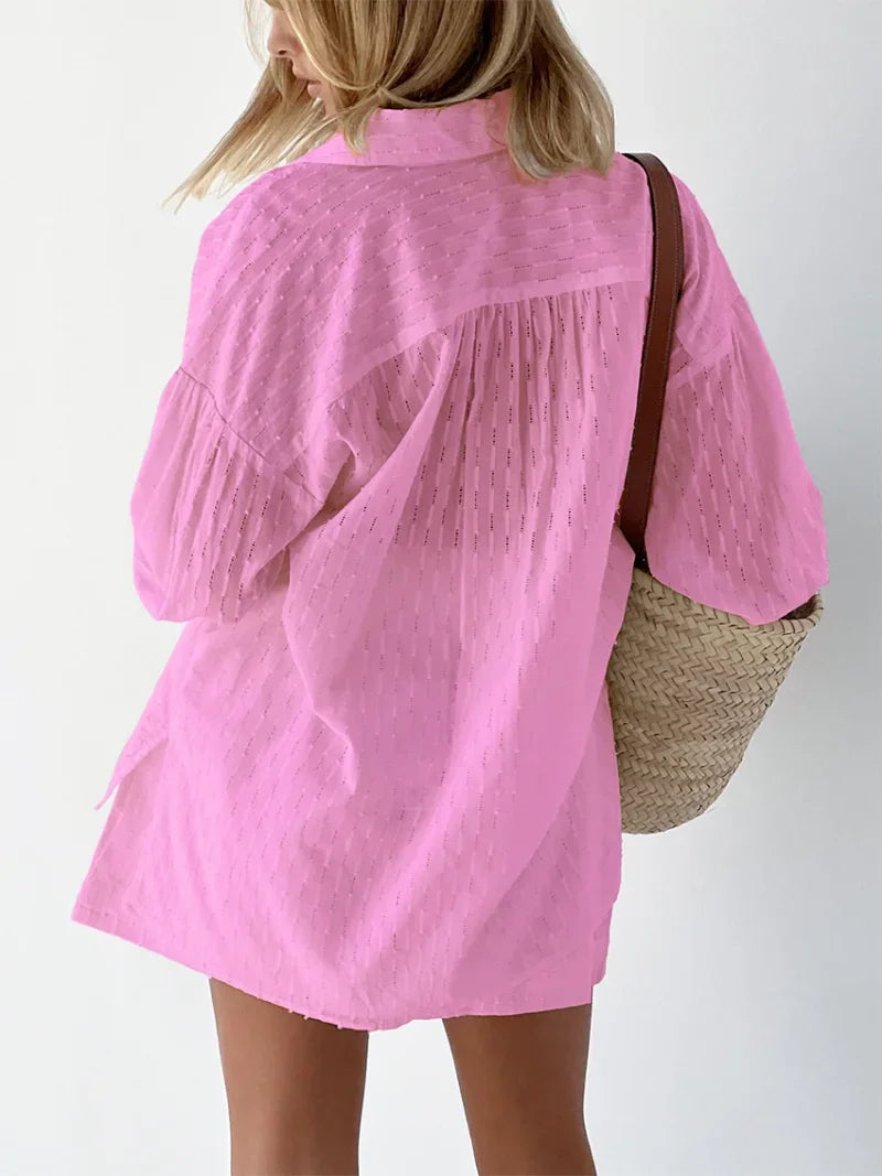 Women Jacquard Puff Sleeves Two Piece Sets for Summer Fashion Loose Shorts and Long Sleeved Shirt Outfits