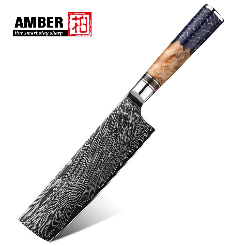Kitchen Knives-Set Damascus Steel Chef Knife Cleaver Paring Utility Bread Knife Cooking Tool Blue Resin Handle 1-10 Pcs/Set