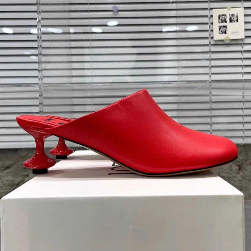 Square Toe Elegant Women Slippers Fad Mid Heels Leather Sandals Mule Shoes Trend Spring Designer Dress Femme Chaussures