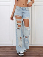 Women's Light Blue Distressed Wide - Leg Jeans - Extreme Ripped Style