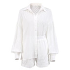 Women Jacquard Puff Sleeves Two Piece Sets for Summer Fashion Loose Shorts and Long Sleeved Shirt Outfits