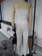 Two Piece Set Women Outfit Summer Fashion Drawstring Bandeau Sleeveless Crop Top & Casual Shirred High Waist Pants Sets