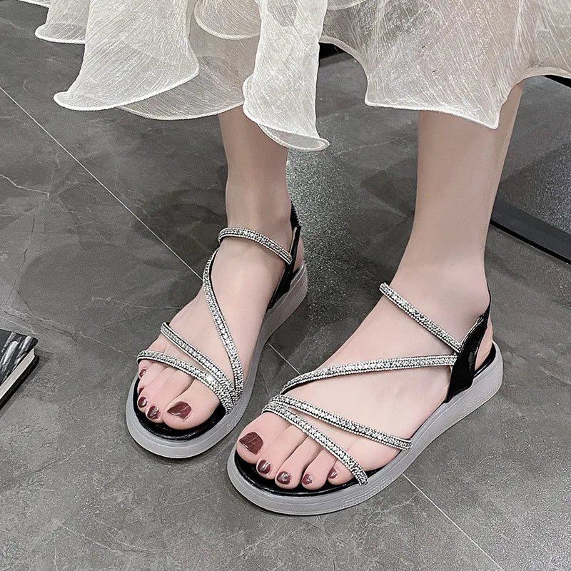 Flat-heeled Sandal Woman Rhinestone Comfortable Sandals for Women Summer New 2025 Without Heel Elegant Roman Fashion